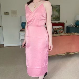 Spaghetti Strap, Wrap style, pink midi dress with a satin finish